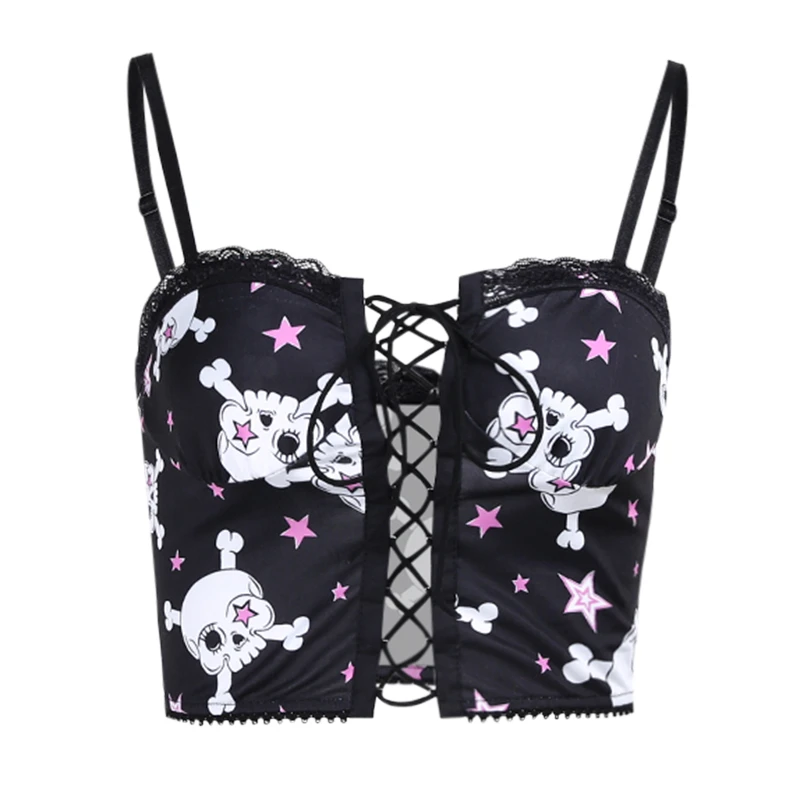 

Mall Goth Emo Y2K Pink Stars Skull Print Crop Cami Top for Women Kawaii Egirl Lace Patchwork Spaghetti Strap Lace Up Camisole