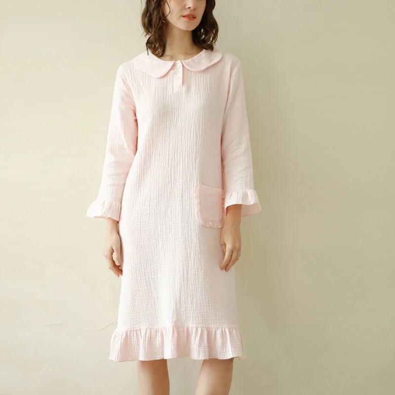 

Женская длинная ночная рубашка, розово-белая хлопковая ночная рубашка для осени и зимы