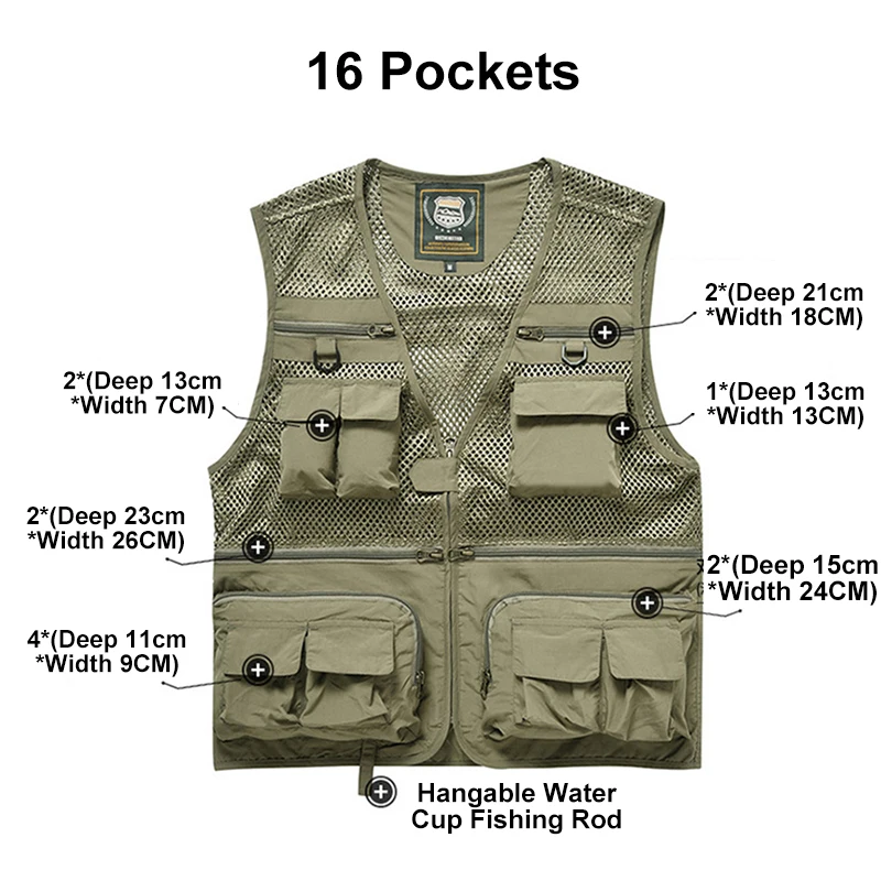 Men's Multi-pocket Quick Dry Vest Adult Outdoor Travel Hiking Camping Sleeveless Fishing Photography Waistcoat Army Green 3XL |