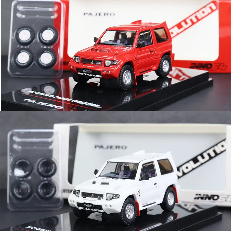 

INNO 1:64 MITSUBISHI PAJERO EVO With Extra Wheels White/Red Model Car