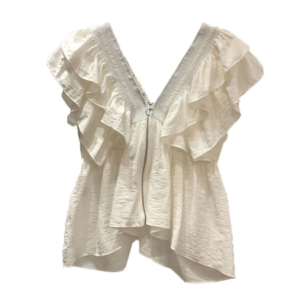 

Summer Women Pleated Ruffles Blouse Pure Color Simple V-neck Short Sleeve Shirts Kawaii Korean Style Sandbeach Tops OL Women