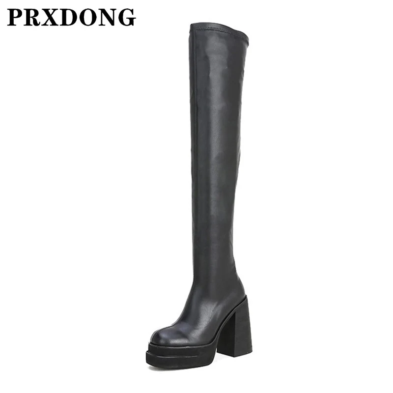 

New Sexy Women Long Boots Top Quality Stretch Micofiber Leather High Heels Platform Black Zipper Over The Knee Boots Dress Party