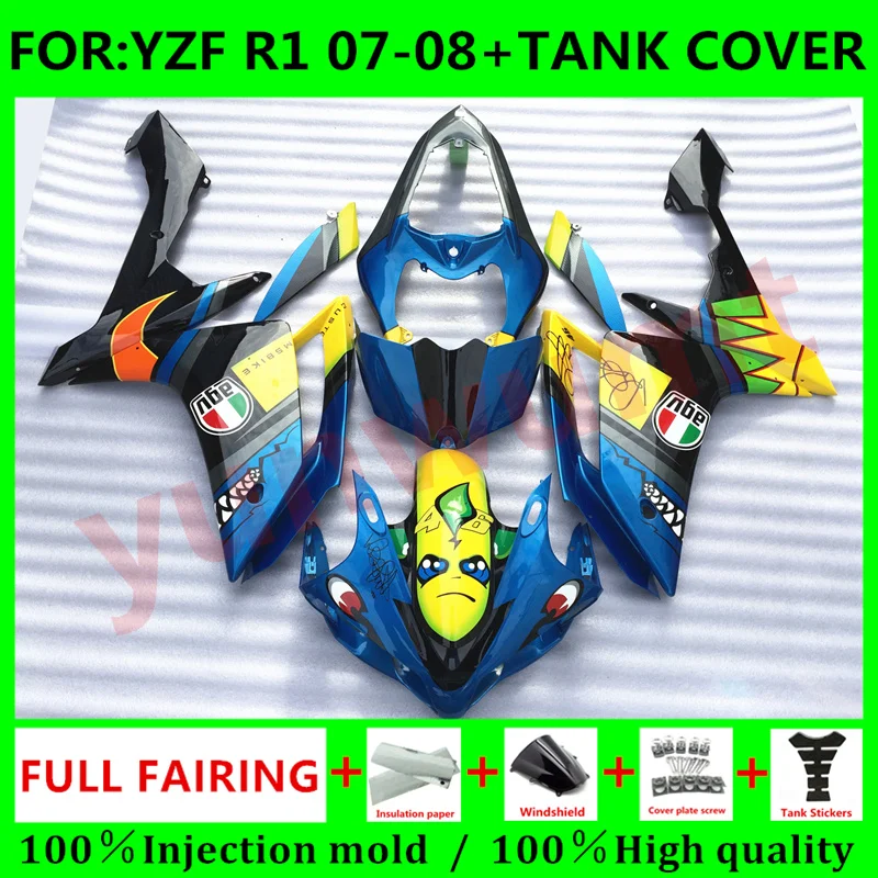 

Motorcycle Injection Mold Fairings + tank cover Kit Fit for YAMAHA YZF-R1 2007 2008 YZF R1 07 08 bodywork fairing set blue shark