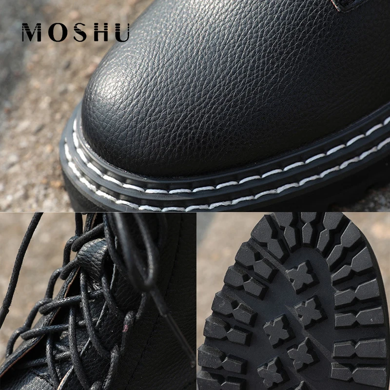 

2020 Winter Women Boots Lace Up Round Toe Booties Fashion Genuine Leather Motorcycle Short Boots Women Shoes Botas Mujer