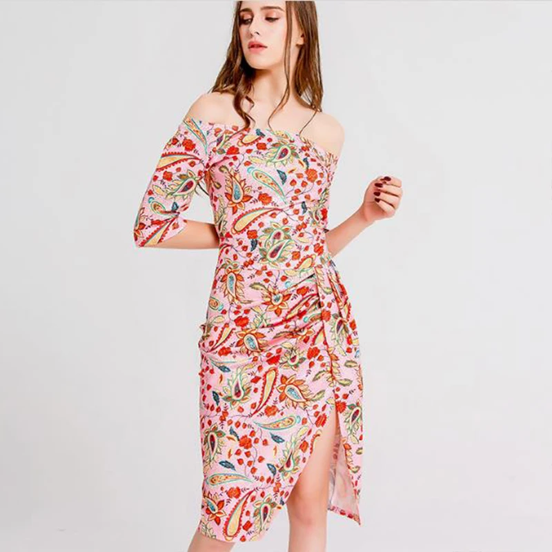

WYWAN New Plus Size Summer Dress Women Elegant Sexy Strapless Beading Ladies Dress Vintage Printing Beach Dress Women Vestidos L