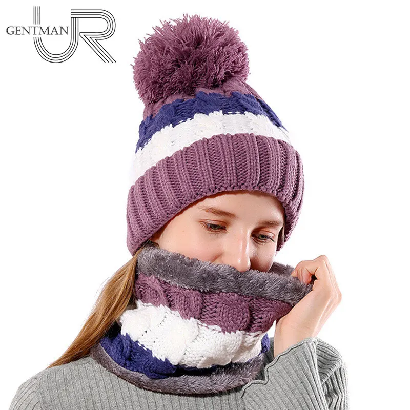 

New Warm Winter Hat For Women Female Fur Lined Soft Beanie Neck Warmer Scarf Thick Striped Color Knitted Hat Fashion Pompom Hat