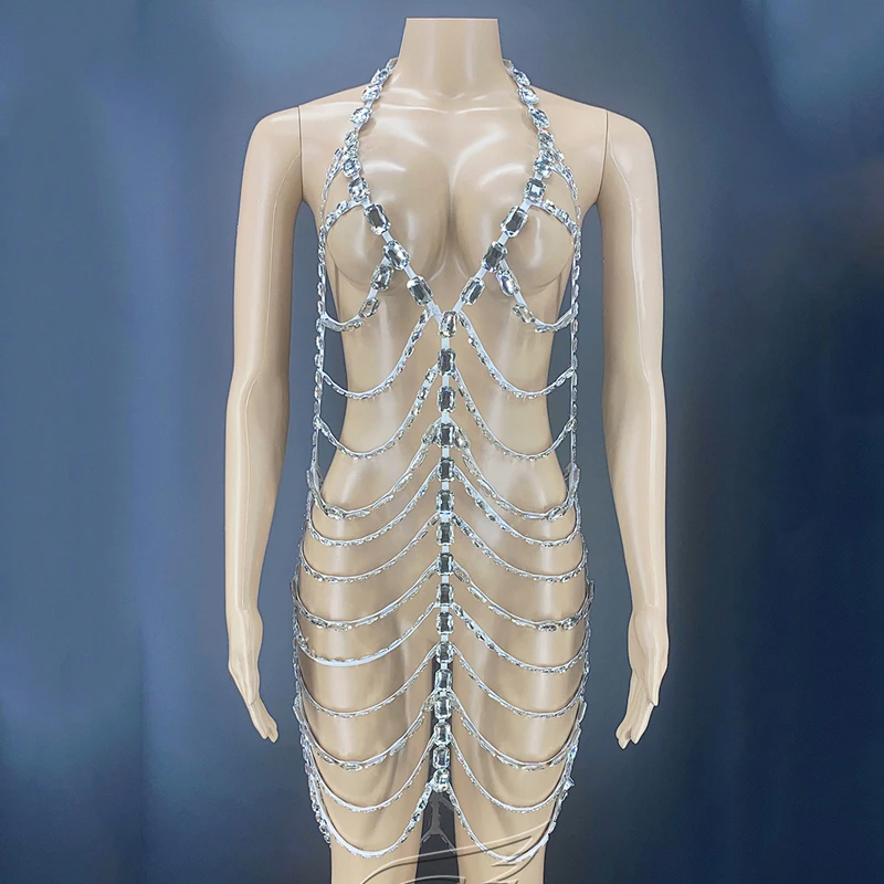 

Black Transparent Elastic Hollow Dress Rhinestone Tassel Dress Performance Stage Costume Dj Female Singer Festival Outfit DN9688