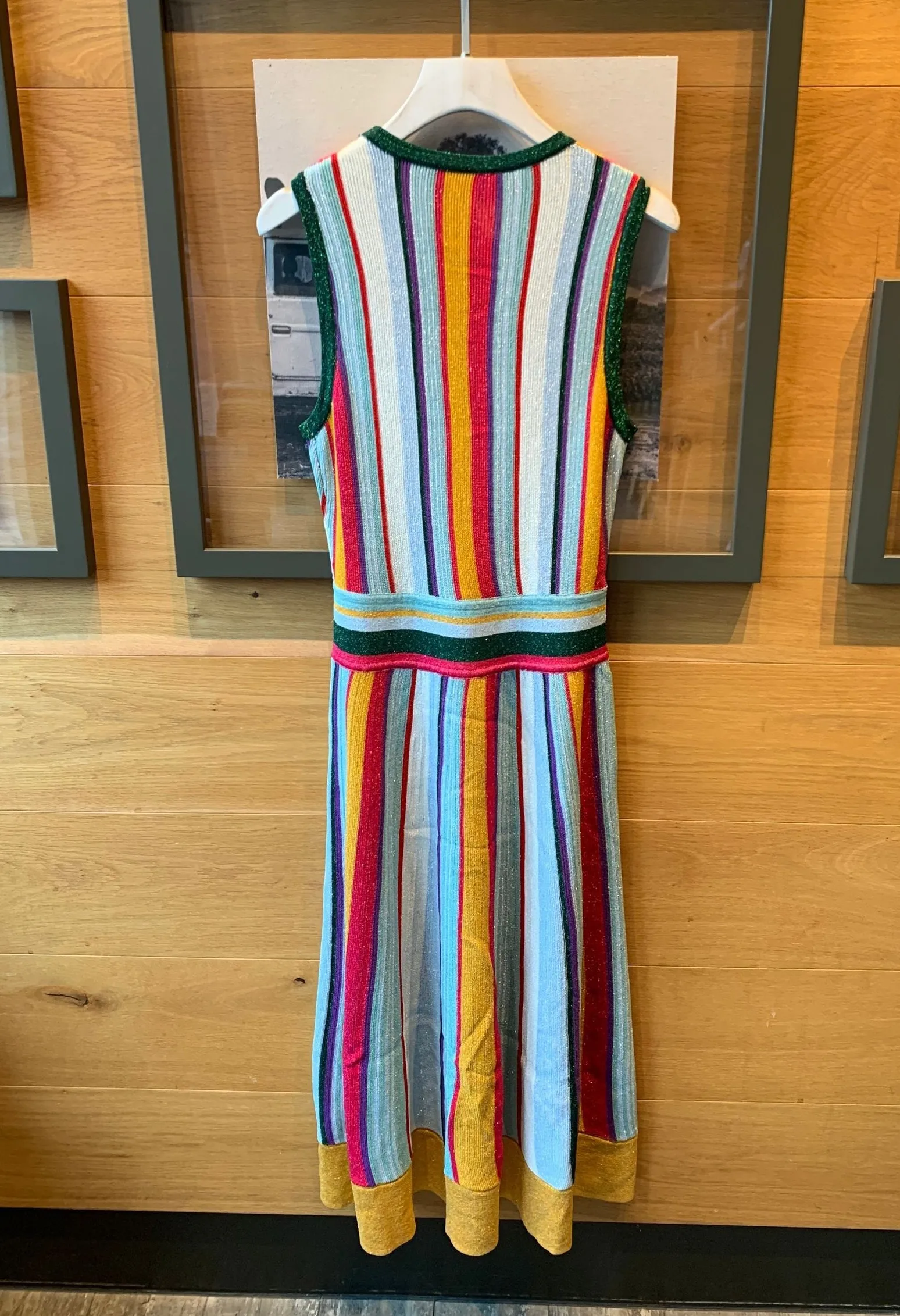 

JCHB 2021 spring rainbow color matching bright silk vertical stripes V-neck sleeveless waisted silk knit big swing dress