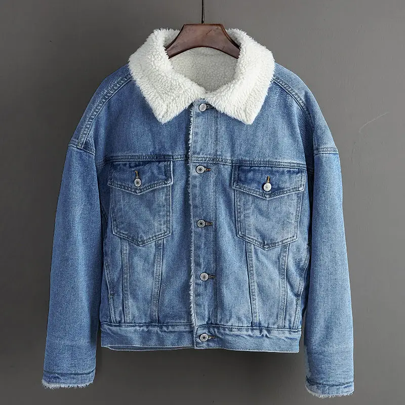 Женское джинсовое пальто из овечьей шерсти теплое с 4 карманами и длинными