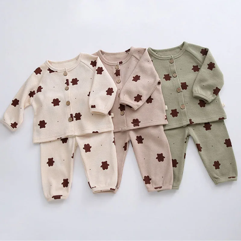 Baby Boy Girl Clothes Waffle Long-sleeved 2-piece Children's Clothing Suit Bear Print Toddler Autumn Winter Toldder Clothing Set