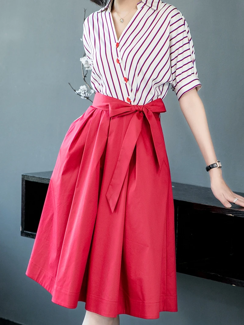 Платье-рубашка женское в полоску офисное длинное платье миди с полурукавами