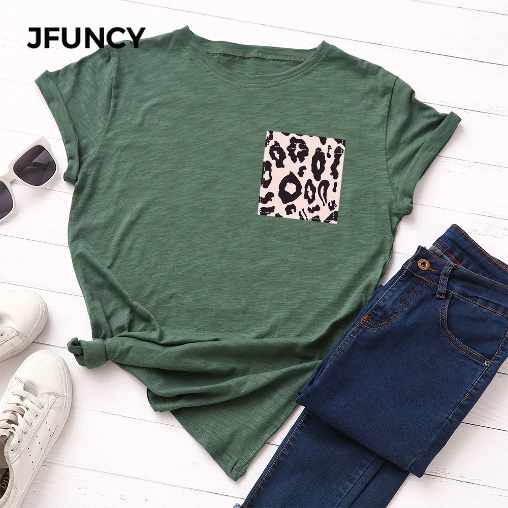 JFUNCY 5XL Женская летняя футболка с леопардовым принтом и фальш-карманом женские