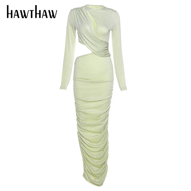 

Hawthaw Women Autumn Long Sleeve Hollow Out Bodycon Solid Color Green Party Club Evening Long Dress 2021 Fall Clothes Streetwear