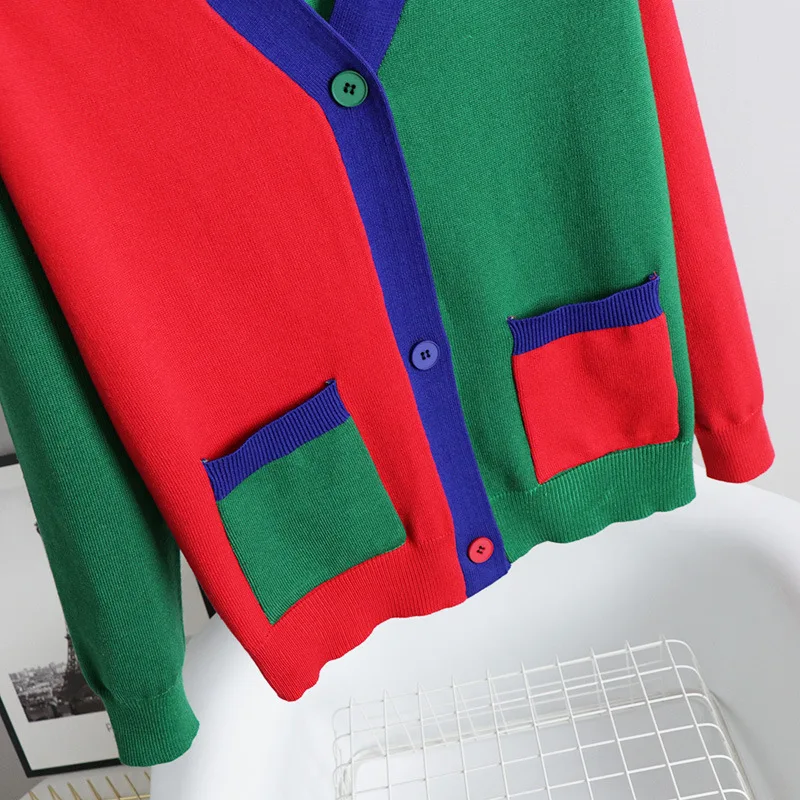 

Patchwork Elegant V-neck Green Cardigan Women Soft Knitted Sweater 2021 Spring Tops