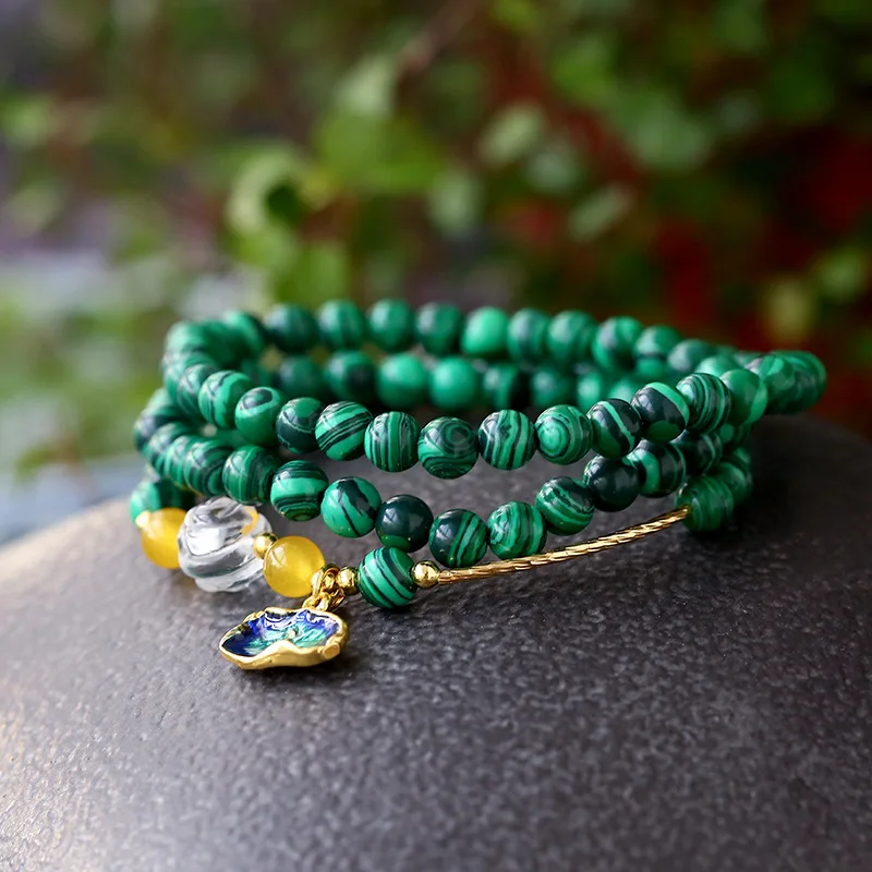 Натуральный малахит камень бисером браслеты с эмалью женщин 6 мм Шарм Кристалл