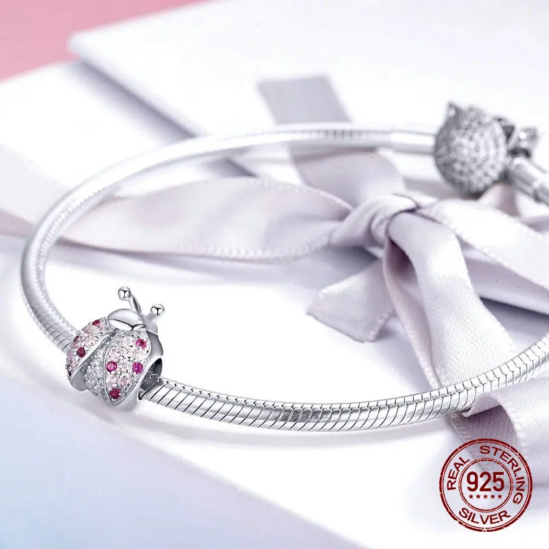 Fit Pandora браслет Шарм розовый циркон бусины «божья коровка» 925 стерлингового серебра Женщина Подвеска для изготовления ожерелья Лидер продаж