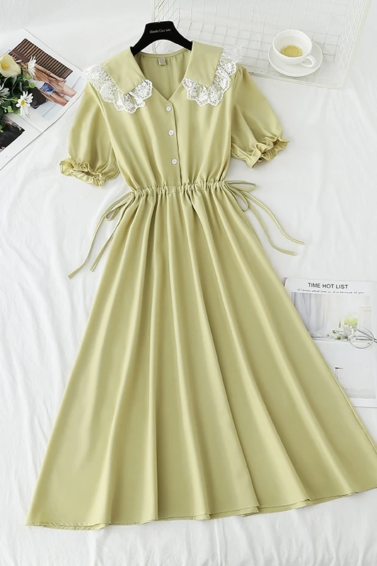 

Lace Doll Collar Dress Women Short Sleeve Vintage Sweet A-line Chiffon Summer Dress 2021 Drawstring Slim High Waist Vestidos