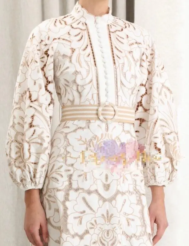 Getвесеннее женское платье с рукавами фонариками и стоячим воротником кружевные