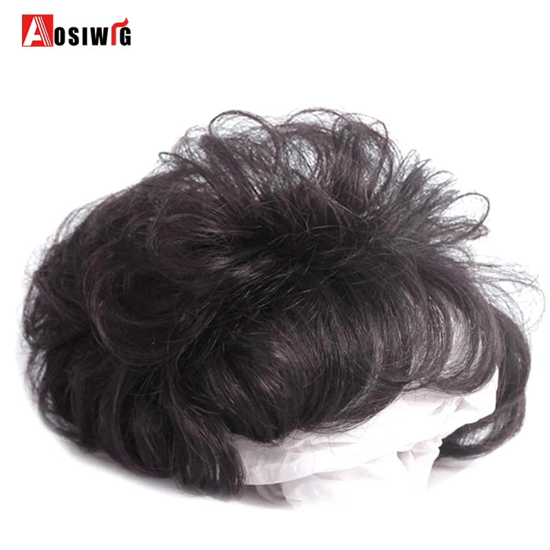 AOSIWIG Synthetic Short Curly Black Brown Wig Top Toupee Clip In Hair Extension Replacement System Closure Hairpiece Bangs Women