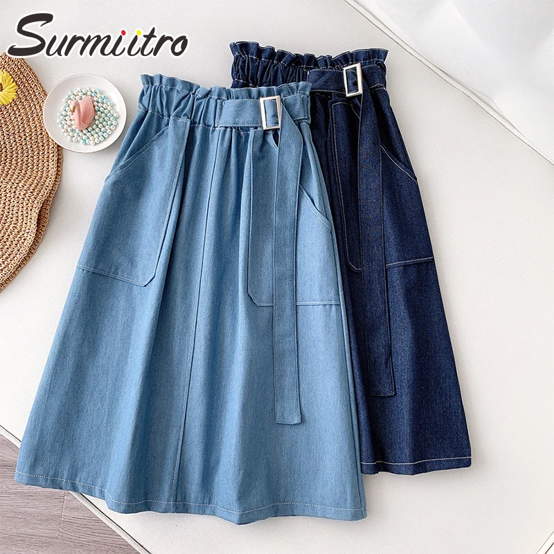 SURMIITRO 2021 Spring Summer Women Korean Style Blue High Bud Waist Sun School Knee Length Midi Female Denim Skirt With Belt