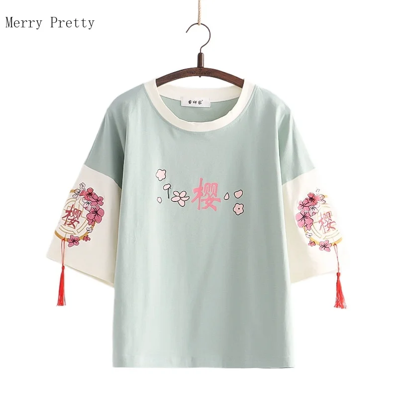 

Floral Embroidery Harakuju T-Shirts Women 2021 Summer Short Sleeve O-neck Sweet Style Female Basic Cotton Kawaii Tops