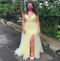 light yellow long slit prom dress with beaded lace v neck boho tulle v neck evening dress 2021 full length night dance dress