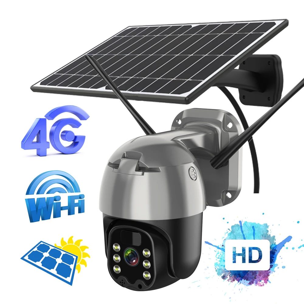 

Smart Solar Energy Rechargeable Power 3MP 1536P 4G LTE WiFi Battery PTZ Camera Wireless Security IP Camera PIR Detection Audio