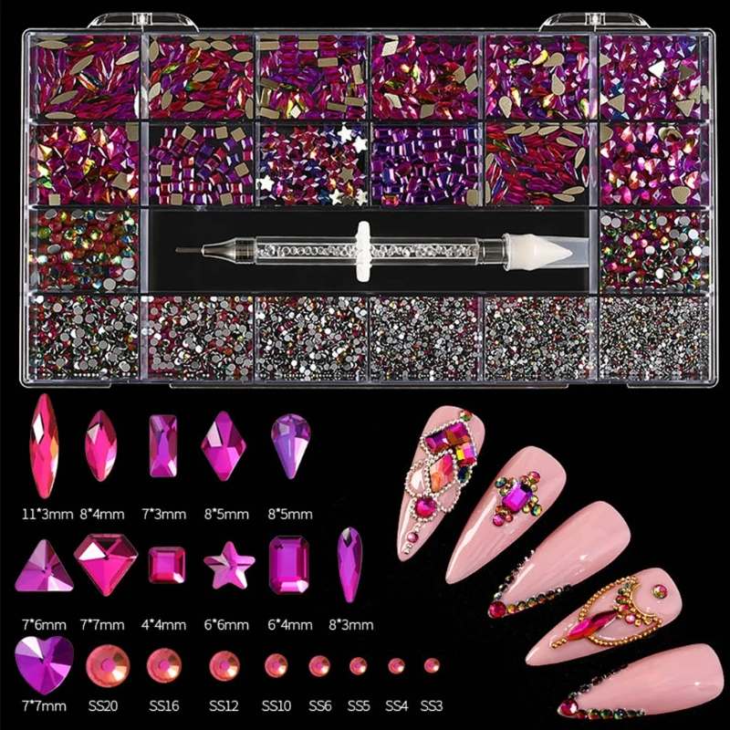 

21 Grids/Box Multi Shapes Glass Professional Nail Art Decorations DIY Nails Craft Kit with Rhinestones Picker Supplies Accessori