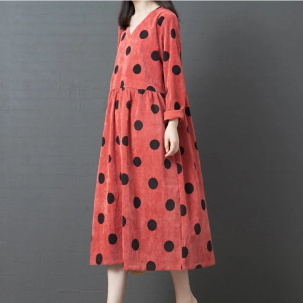 Повседневное платье в горошек для девушек осеннее средней длины с