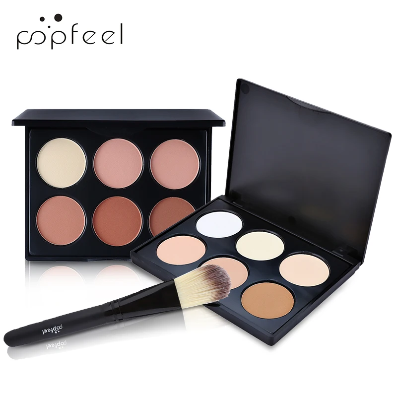 POPFEEL 6 цветов контроль масла лица прессованный порошок+ кисть для лица Тени Порошок корректор для лица база для макияжа порошок 55 г