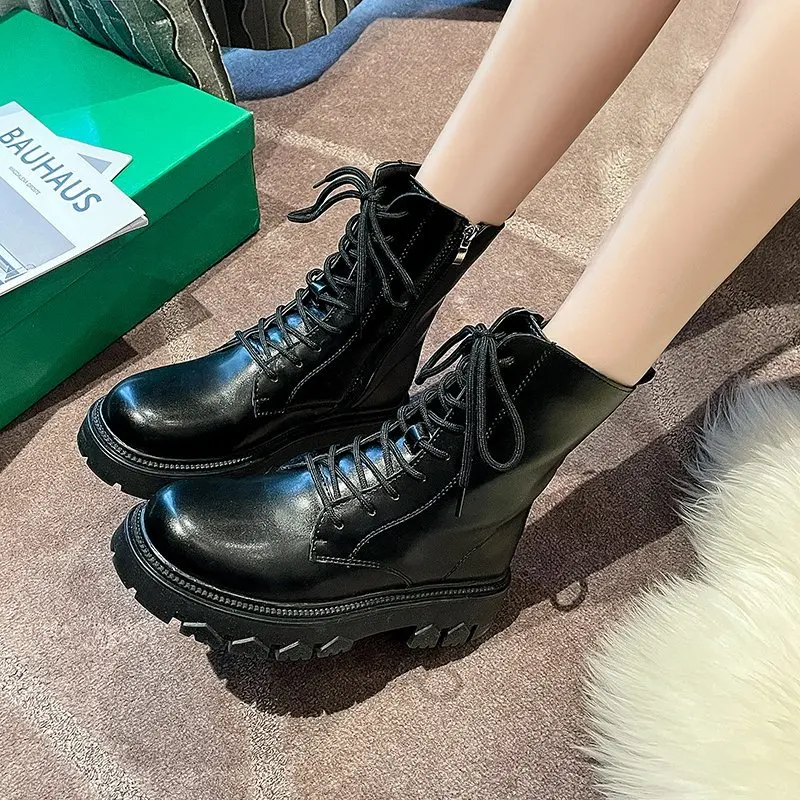 

Nausk 2021 New Mid Calf Boots Women Autumn Winter Fashion Lace-up Zipper Botas Mujer Boots Sports Platform Heel Ladies Shoes