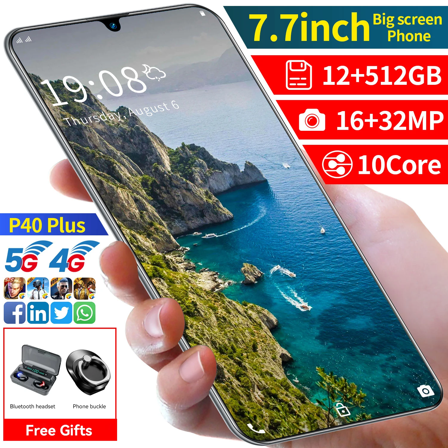 

P40 Plus Global Version 7.7 Inch HD Smart Phone 12-512GB Andriod 10 6800mAh MTK6889 Deca Core Face Fingerprint Unlock Cell Phone