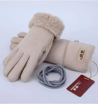 women beige Мужская осенне-зимняя утолщенная теплая цельная шерстяная меховая кожаная перчатка Мужская зимняя брендовая шерстяная меховая рукавица R2218 - Цвет: women beige