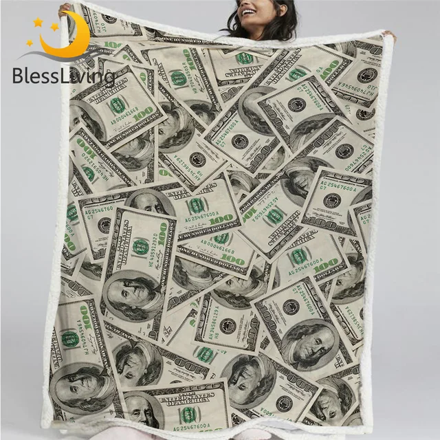 BlessLiving 3D Modern Sherpa Fleece Blanket Dollar Motif Print Throw Blanket Vivid Bedding Money Pattern Plush Blanket Dropship 1