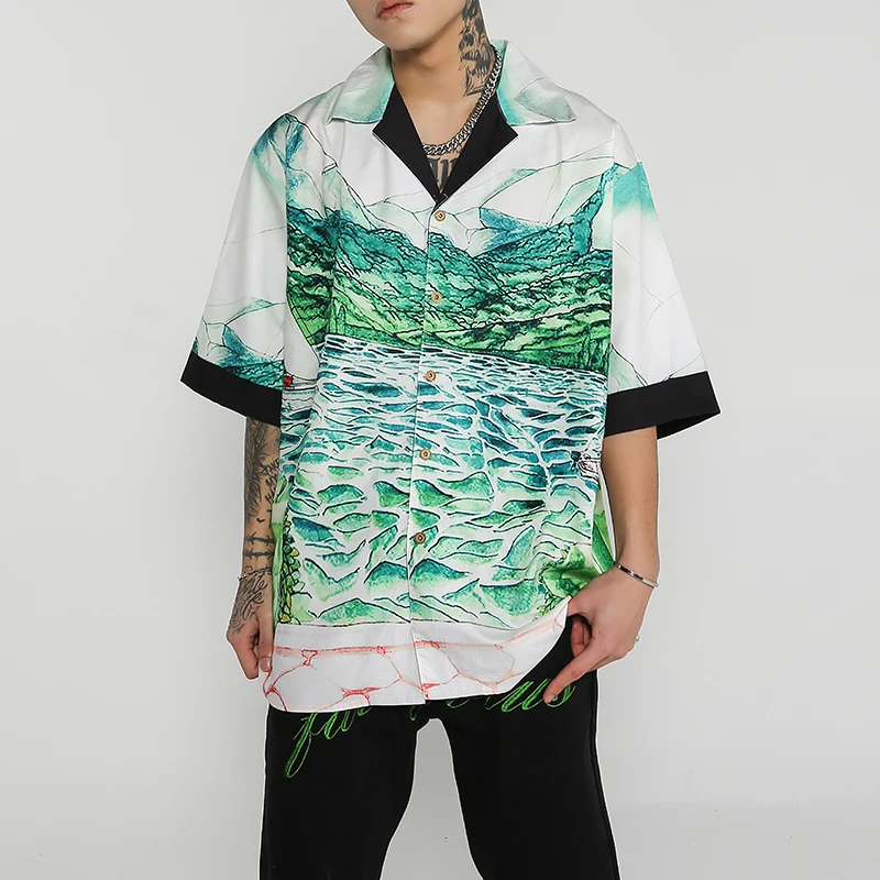 

Color Block Landscape Painting Lapel Casual Shirts Mens and Womens Hip Hop Retro Oversized Short Sleeve Tops