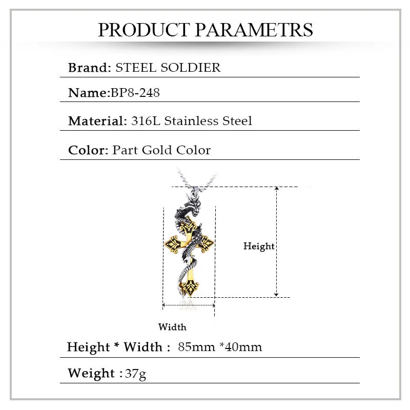 Стальной солдат Прямая поставка крест дракон кулон ожерелье нержавеющая сталь 3D