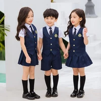children navy blue cotton japanese student school uniforms set suit for girls boys waistcoat vest shirt skirt shorts tie clothes