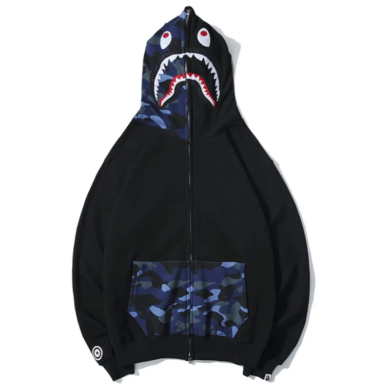

Bape classic shark embroidery camouflage hat stitching pocket zipper Plush coat