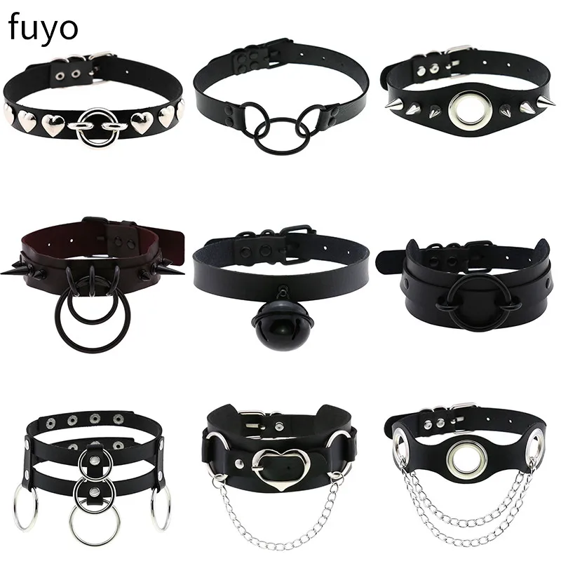 

Punk Black Spike Choker Necklace Lock Rivet Stud Rock Faux Leather Goth Collar Bells Women Chocker Girls Chains Gothic Jewelry