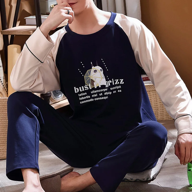 Хлопковый пижамный комплект с длинным рукавом для мужчин 2021 милая