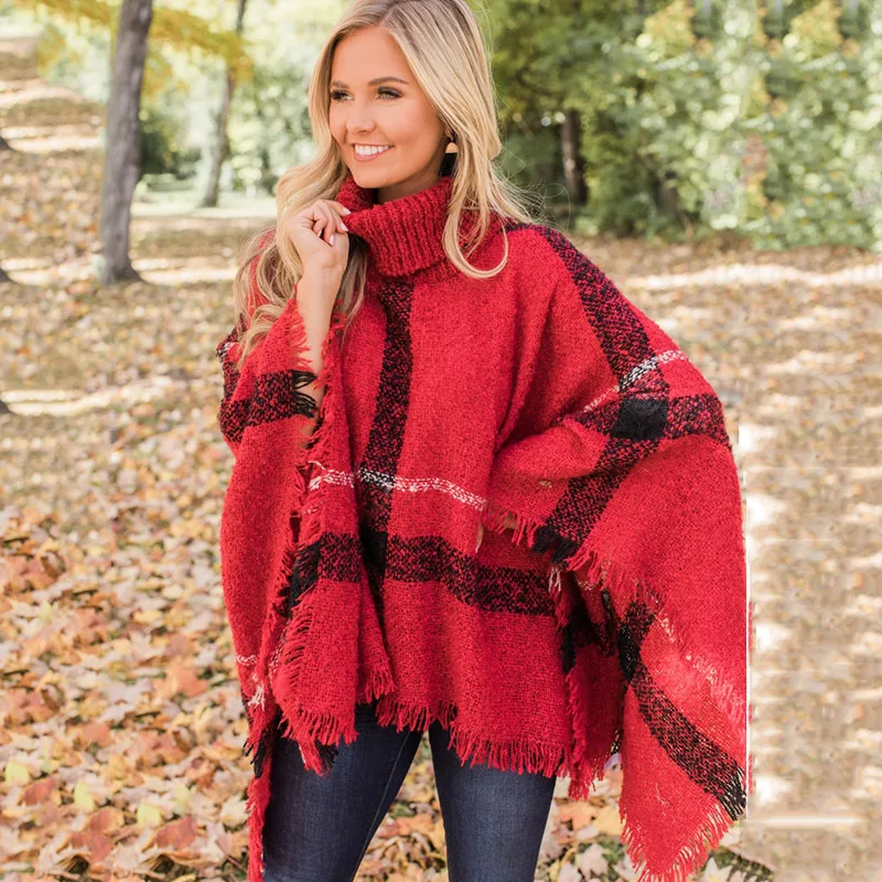 Женский клетчатый плащ Осень зима шаль с высоким воротником свитер шарф летучая