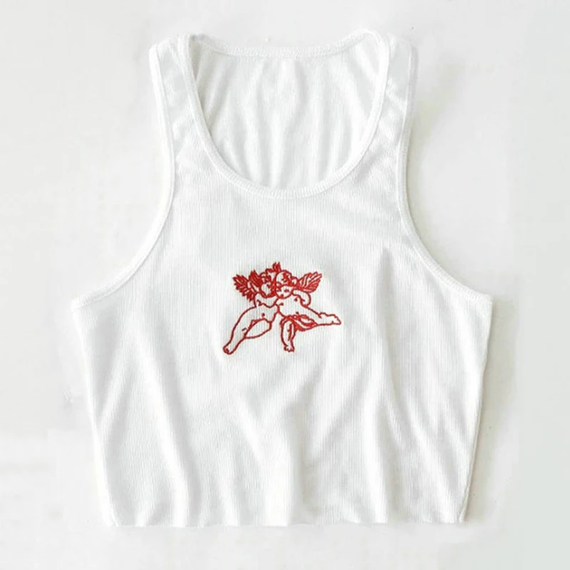 Женский милый укороченный топ без рукавов с вышивкой Амур новые белые короткие