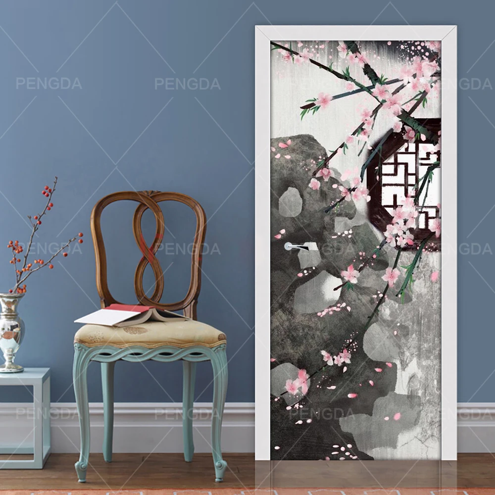 Печатная 3D дверь самоклеющаяся наклейка двора сливы цветок картина постер