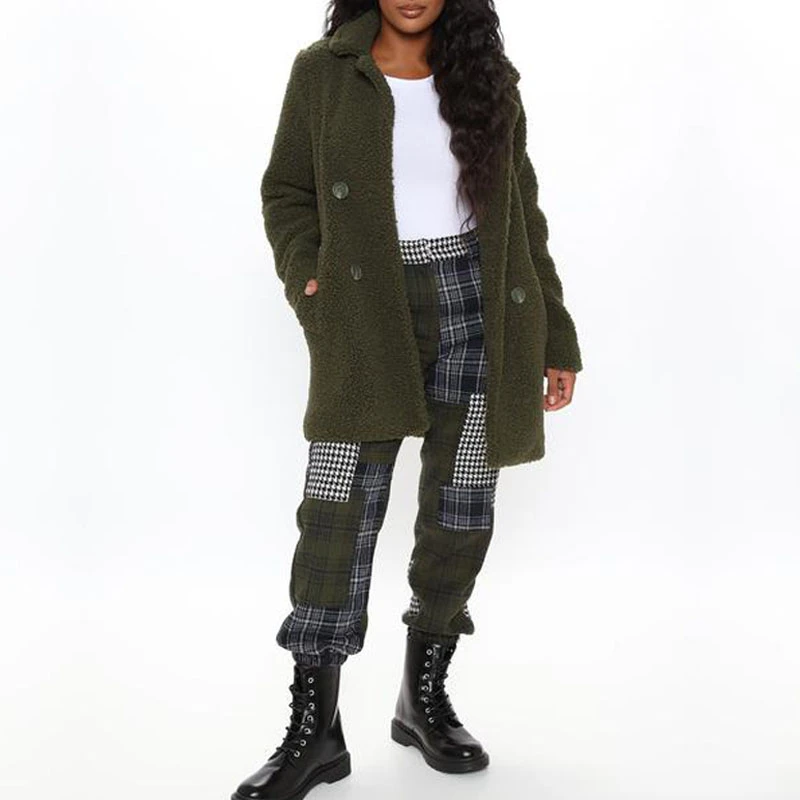 

Женское флисовое пальто с отложным воротником, однотонное двубортное пальто из искусственного меха, мягкая теплая верхняя одежда, зима 2020