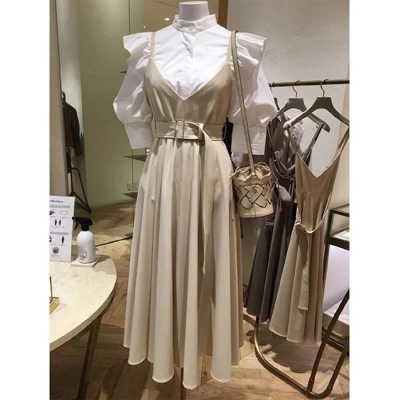 

V Neck Sleeveless Dress Women High Waist Hip A Line Long Spring 2021 New Back Cross Design Solid Loose Robe FS129