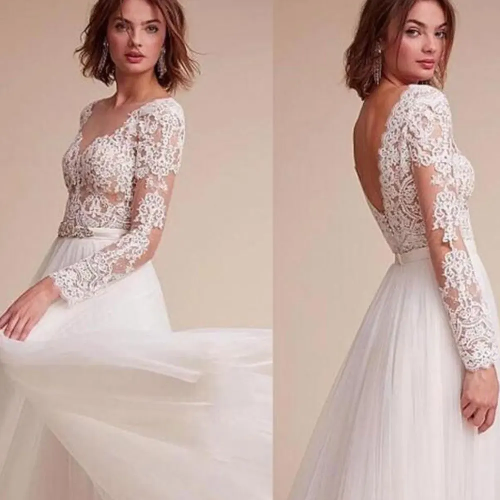 

Backless Sexy Country Wedding Gowns Lace Appliqued Sheer Neck Long Sleeve Boho Beach Bridal Dress A Line Tulle Sweep Train