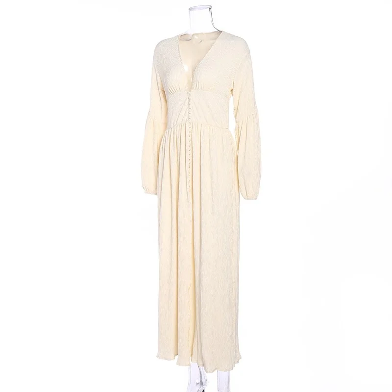 

Urban Women Elegant Party Banquet Single Breasted Dresses Solid Streetwear French Style Vintage V-Neck Folds Ankle-Length Dress