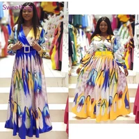 2021 plus size african clothes women summer maxi dress v neck vintage belt print long sleeve boubou africain femme vestidos