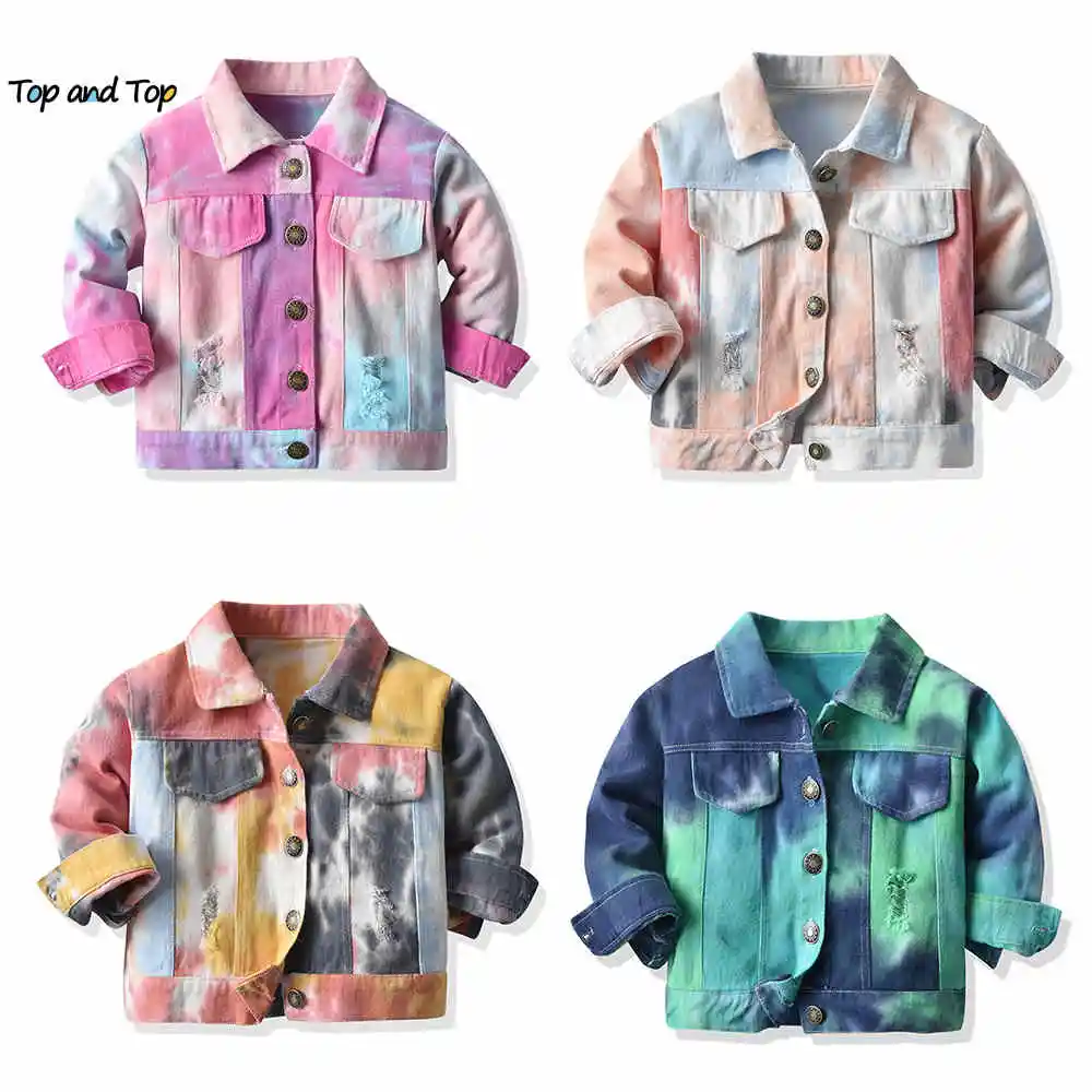 

top and top Autumn Winter Fashion Kids Boys Girls Tie Dyed Denim Outerwear Children Long Sleeve Turn Down Collar Coats Jackets