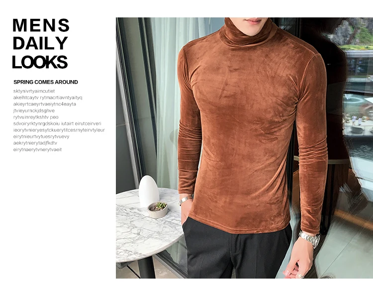 Азиатский размер Slim Fit стрейч бархат водолазка Мужская футболка с длинным рукавом осенние вечерние Нежные мужские